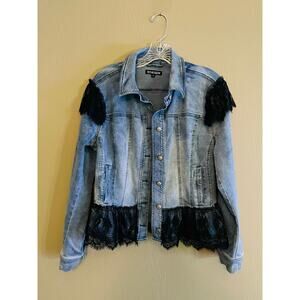 The Pyramid Collection Women's Distressed Jean Jacket Black Lace Size Medium
